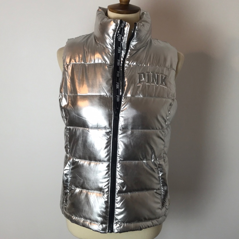 Pink Silver Puffy Vest XS NWOT